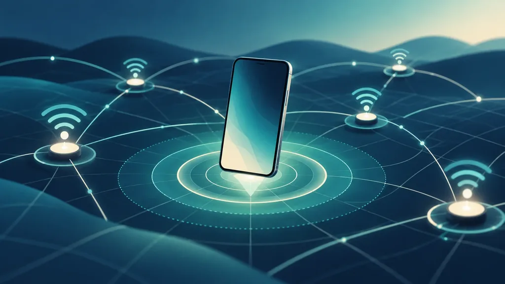 Ilustração de um celular genérico cercado por ondas de sinal e conexões abstratas de rede sem fio.