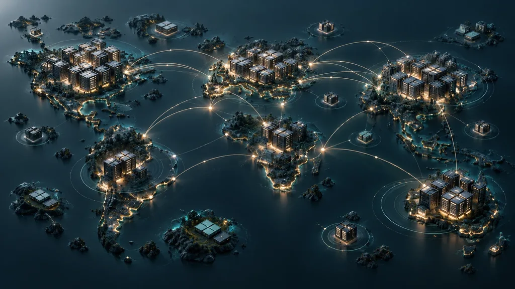 Ilustração de clusters de computação conectados por caminhos de infraestrutura entre regiões, com sinais geométricos de capacidade e monitoramento.