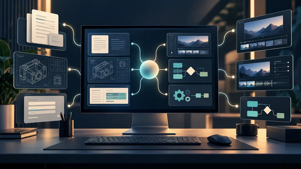 Ilustração de um computador genérico com fluxos de trabalho abstratos, representando automação de tarefas no ambiente profissional.
