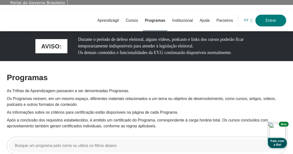 Captura da página-fonte: Programas da EV.G reúnem cursos e conteúdos por objetivo de aprendizagem